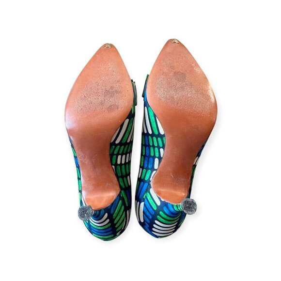 Vintage Herbert Levine Pumps |1960s Mod| Blue Green Geometric, Bow | Size 5.5A - Picture 10 of 14